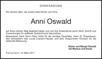 Traueranzeige von Anni Oswald von Neue Presse Coburg