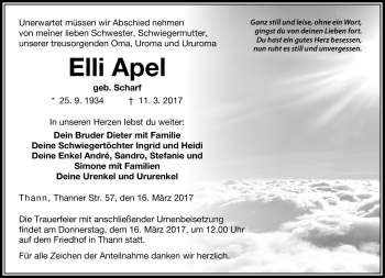 Traueranzeige von Elli Apel von Neue Presse Coburg
