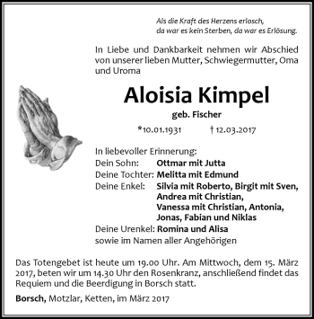 Traueranzeige von Aloisia Kimpel von Südthüringer Presse