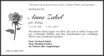 Traueranzeige von Anna Zabel von Südthüringer Presse