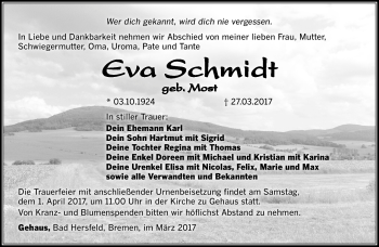 Traueranzeige von Eva Schmidt von Südthüringer Presse