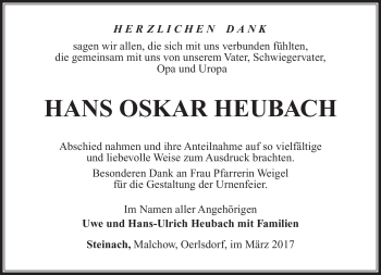 Traueranzeige von Hans Oskar Heubach von Südthüringer Presse