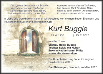 Traueranzeige von Kurt Buggle von Südthüringer Presse