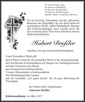 Traueranzeige von Hubert Dreßler von Südthüringer Presse