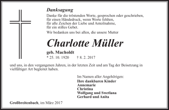 Traueranzeige von Charlotte Müller von Südthüringer Presse