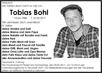 Traueranzeige von Tobias Bohl von Neue Presse Coburg