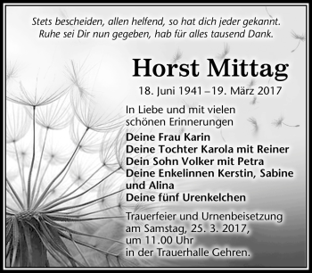 Traueranzeige von Horst Mittag von Südthüringer Presse
