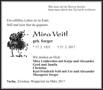 Traueranzeige von Mira Veitl von Südthüringer Presse