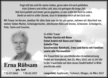 Traueranzeige von Erna Rübsam von Südthüringer Presse
