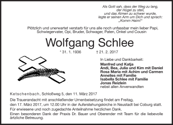 Traueranzeige von Wolfgang Schlee von Neue Presse Coburg