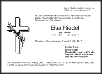 Traueranzeige von Elsa Riedel von Frankenpost