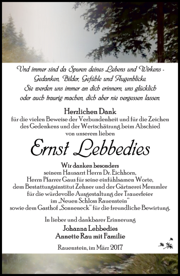 Traueranzeige von Ernst Lebbedies von Südthüringer Presse