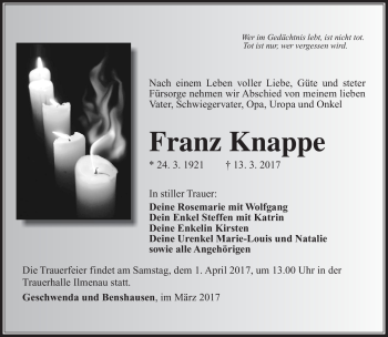 Traueranzeige von Franz Knappe von Südthüringer Presse