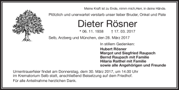 Traueranzeige von Dieter Rösner von Frankenpost