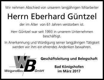 Traueranzeige von Eberhard Güntzel von Südthüringer Presse