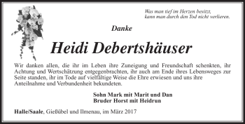 Traueranzeige von Heidi Debertshäuser von Südthüringer Presse