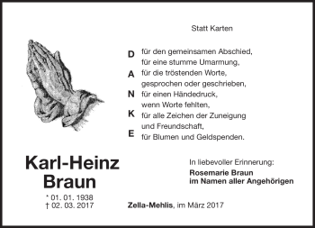 Traueranzeige von Karl-Heinz Braun von Südthüringer Presse