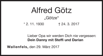 Traueranzeige von Alfred Götz von Neue Presse Coburg