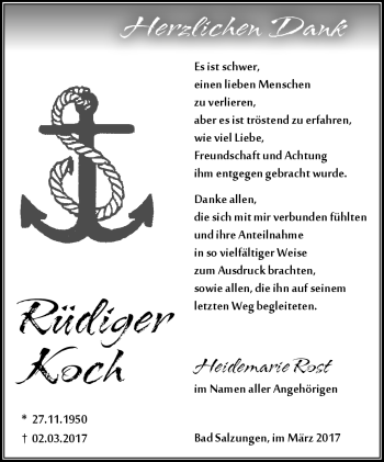 Traueranzeige von Rüdiger Koch von Südthüringer Presse