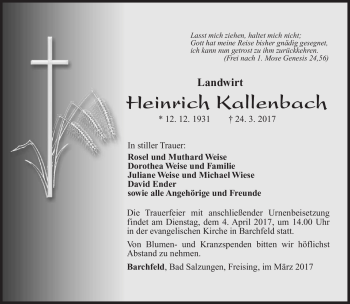 Traueranzeige von Heinrich Kallenbach von Südthüringer Presse