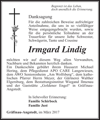 Traueranzeige von Irmgard Lindig von Südthüringer Presse
