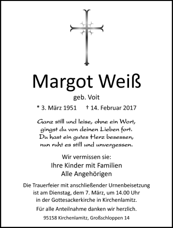 Traueranzeige von Margot Weiß von Frankenpost