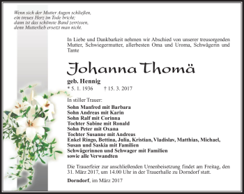 Traueranzeige von Johanna Thomä von Südthüringer Presse