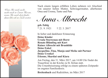 Traueranzeige von Anna Albrecht von Südthüringer Presse