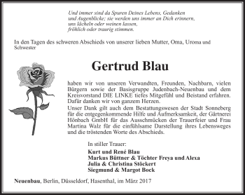 Traueranzeige von Gertrud Blau von Südthüringer Presse