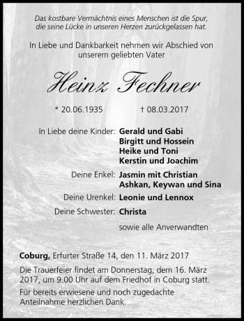 Traueranzeige von Heinz Fechner von Neue Presse Coburg