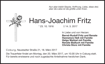 Traueranzeige von Hans-Joachim Fritz von Neue Presse Coburg