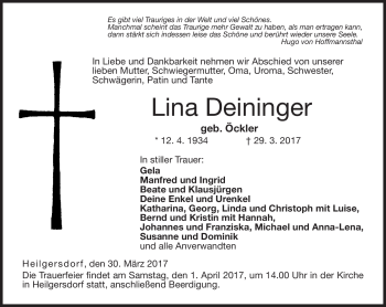 Traueranzeige von Lina Deininger von Neue Presse Coburg