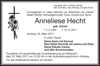 Traueranzeige von Anneliese Hecht von Frankenpost