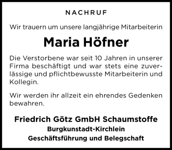 Traueranzeige von Maria Höfner von Neue Presse Coburg