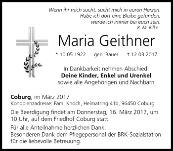 Traueranzeige von Maria Geithner von Neue Presse Coburg
