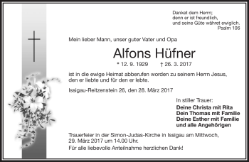 Traueranzeige von Hüfner Alfons von Frankenpost