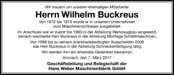 Traueranzeige von Wilhelm Buckreus von Neue Presse Coburg