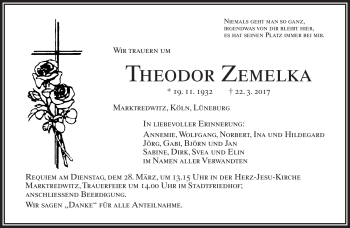 Traueranzeige von Theodor Zemelka von Frankenpost