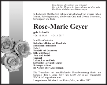 Traueranzeige von Rose-Marie Geyer von Südthüringer Presse