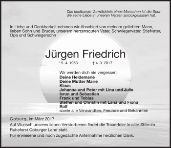 Traueranzeige von Jürgen Friedrich von Neue Presse Coburg