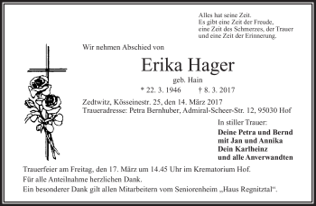 Traueranzeige von Erika Hager von Frankenpost