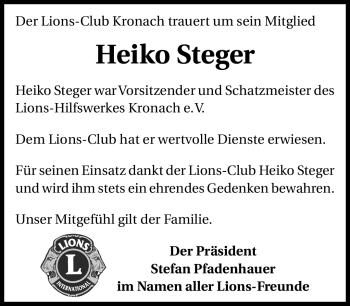 Traueranzeige von Heiko Steger von Neue Presse Coburg