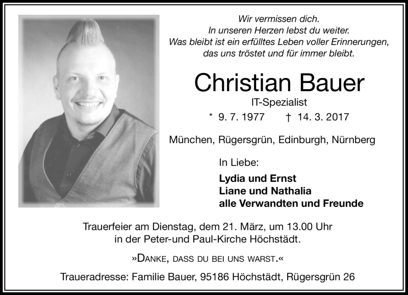  Traueranzeige für Christian Bauer vom 18.03.2017 aus Frankenpost