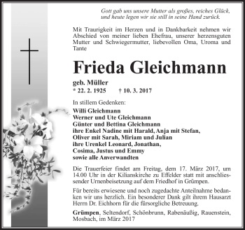 Traueranzeige von Gerda Gleichmann von Südthüringer Presse