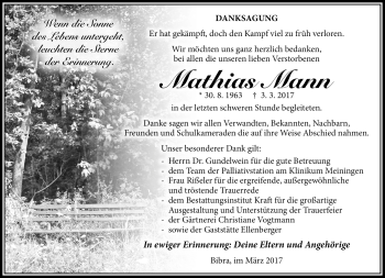Traueranzeige von Mathias Mann von Südthüringer Presse