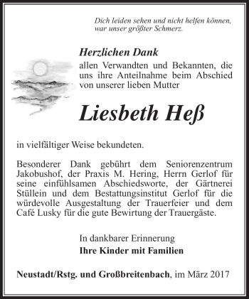 Traueranzeige von Liesbeth Heß von Südthüringer Presse