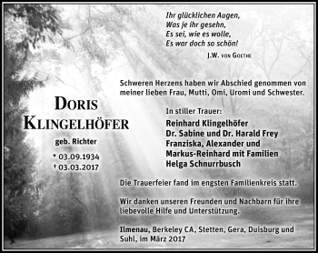 Traueranzeige von Doris Klingelhöfer von Südthüringer Presse