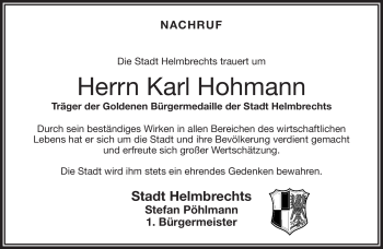 Traueranzeige von Karl Hohmann von Frankenpost