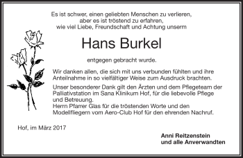Traueranzeige von Hans Burkel von Frankenpost
