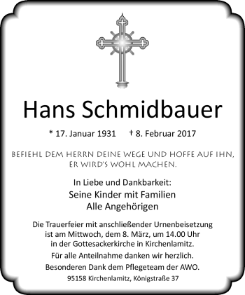 Traueranzeige von Hans Schmidbauer von Frankenpost